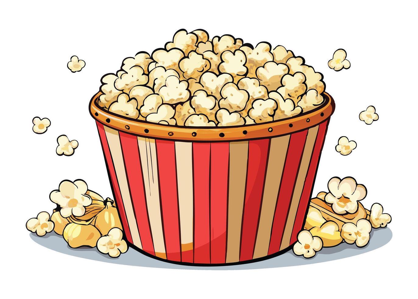 Red and white striped buckets overflow with delicious, buttery popcorn, a classic cinema snack perfect for any movie entertainment vector