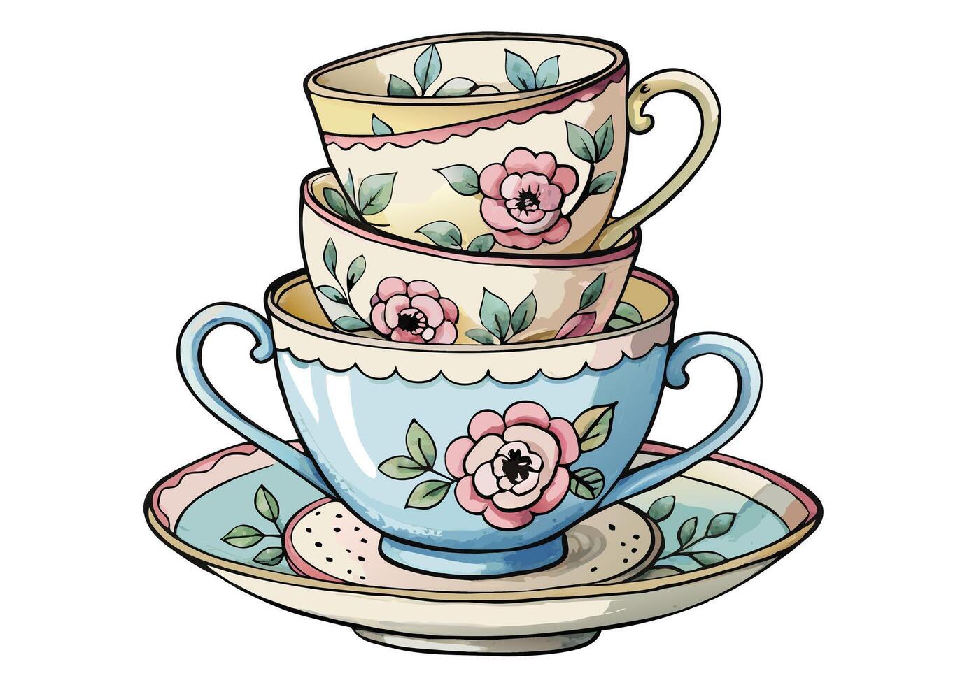 White antique porcelain cup and saucer for tea or coffee, an isolated ceramic beverage object vector