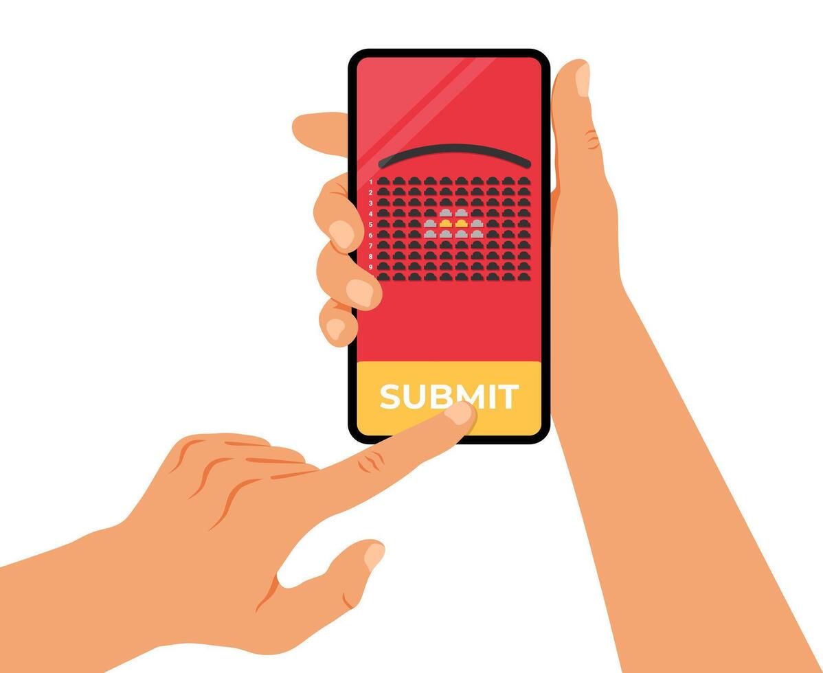 Cinema booking online. Human hands holding smartphone with cinema seat booking vector
