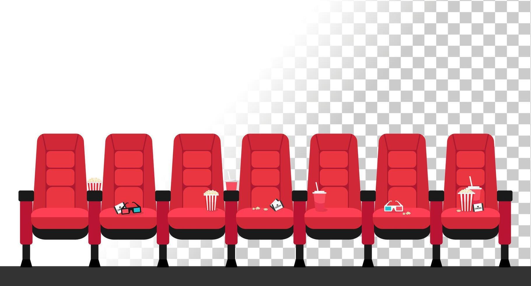 Movie theater hall red chairs template background. Movie theater seats with popcorn, soda, 3d glasses and cinema tickets vector