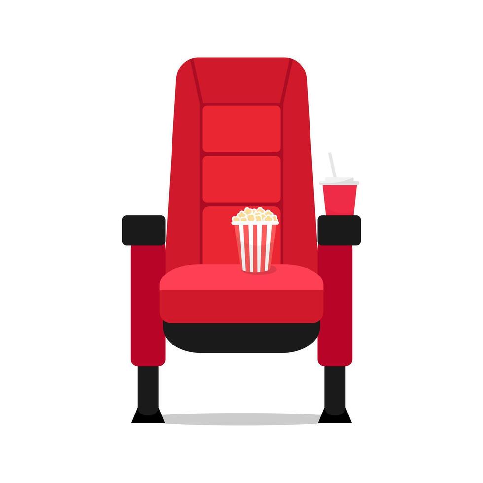 Red movie theater chair icon symbol. Cinema seat with soda and popcorn bucket on it isolated on white background vector