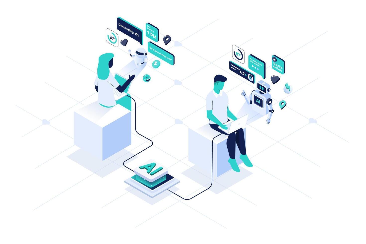 People interacting with AI technology illustration vector