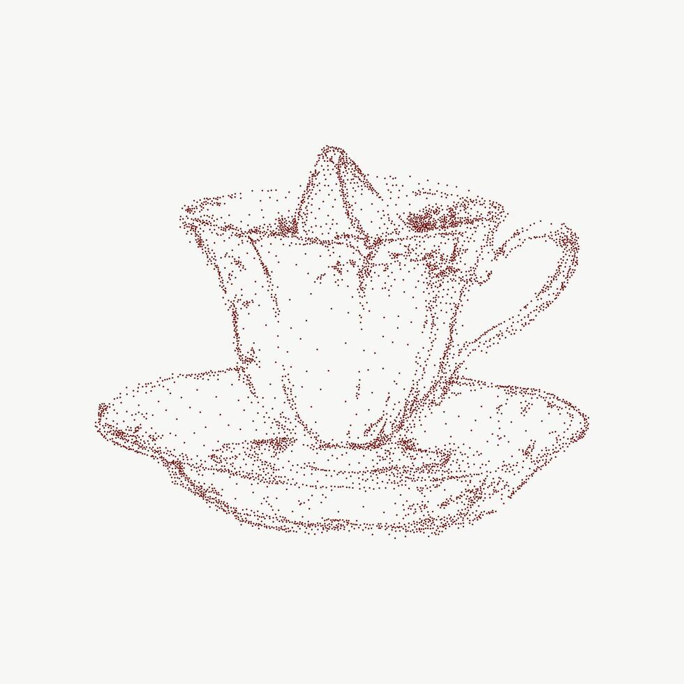 Elegant tea cup with vintage details, crafted in stipple sketch style. Gritty halftone shading and hand drawn lines, nostalgic look. vector