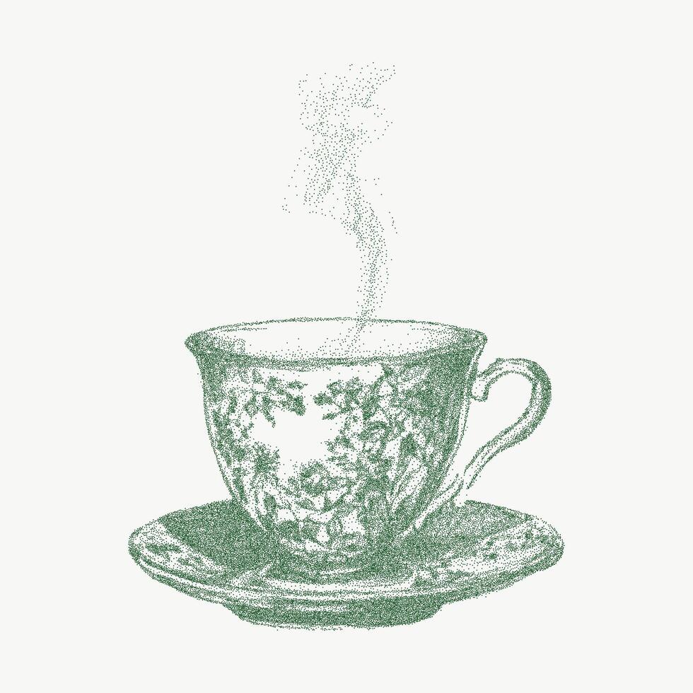 Vintage tea cup in elegant retro style. Stipple drawing with noisy halftone texture, hand drawn ink sketch for tea ceremony. vector