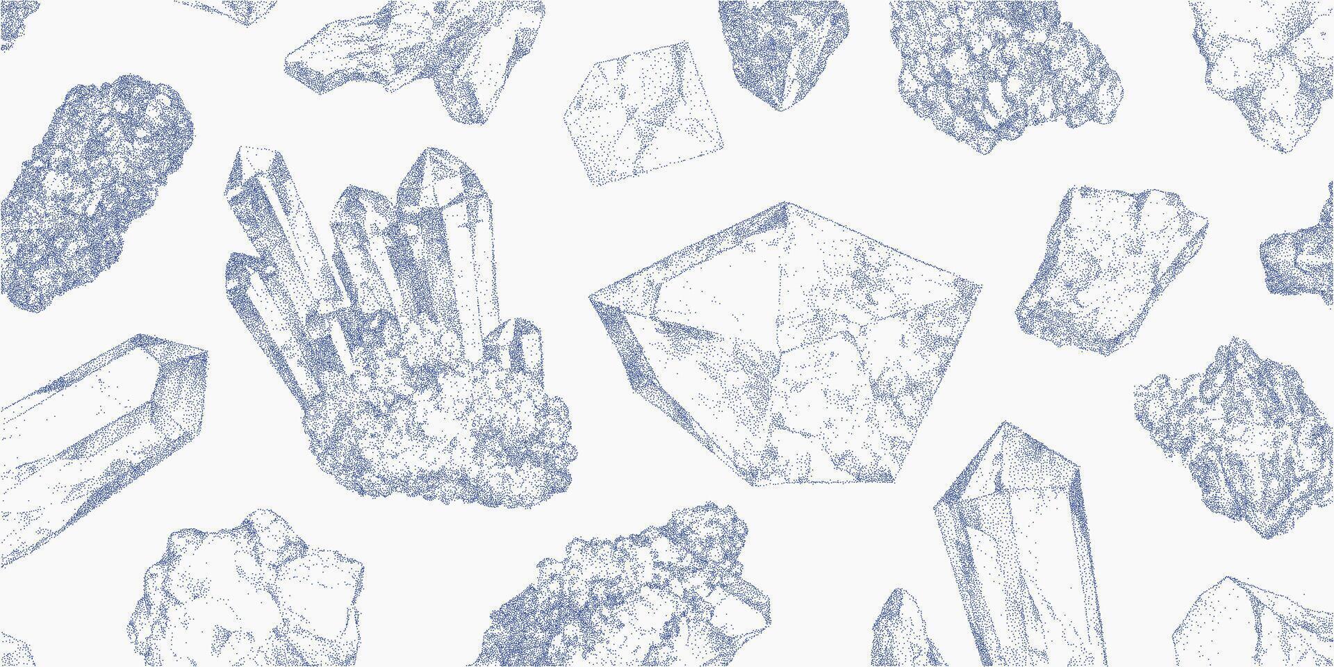 Charming crystal collection in retro stipple style, from raw stones to faceted gems. Hand drawn with gritty halftone shading, elegant mystical sketch set. vector