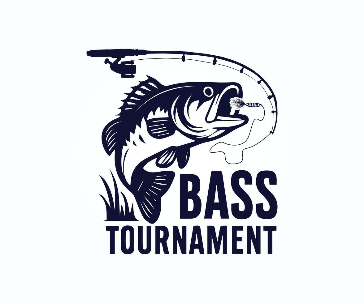 bass tournament logo design with fish and fishing rod vector