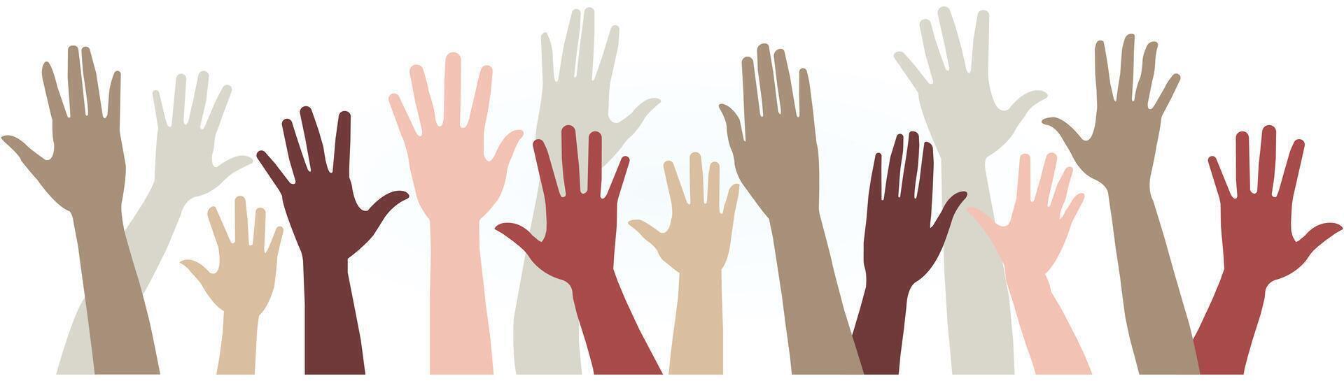 human hands illustration, many hands raised up in the air with different colors vector