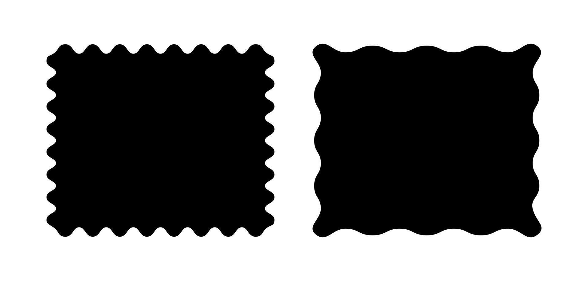 Square black patterns with squiggly borders. Wave curve edge frames. Set of simple tags, empty text boxes, labels, stamps, crackers, coupons with curvy, squiggly, wiggly, wavy edges. vector