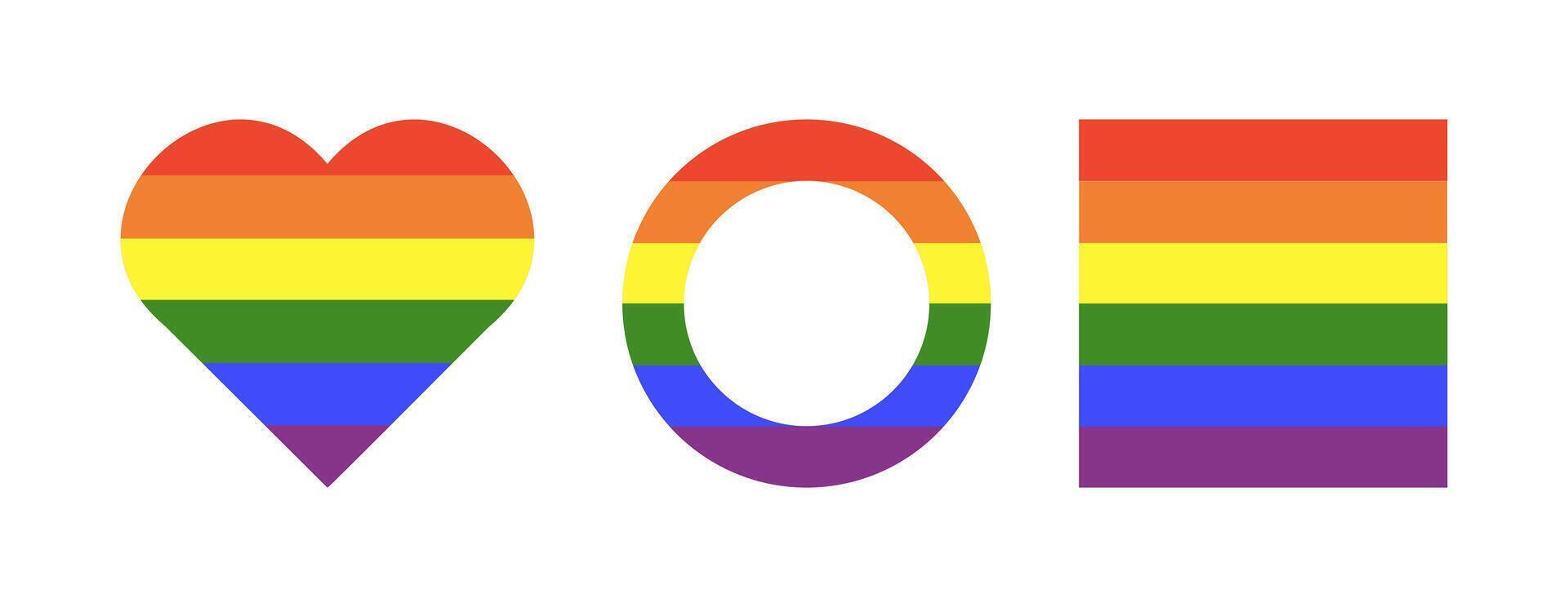 Rainbow flag frames. Gay pride background. Progress Logo symbols badges. Stickers in rainbow colors. LGBT circle, square, heart icons. Rounds, hearts, rectangles push buttons. Simple template design. vector