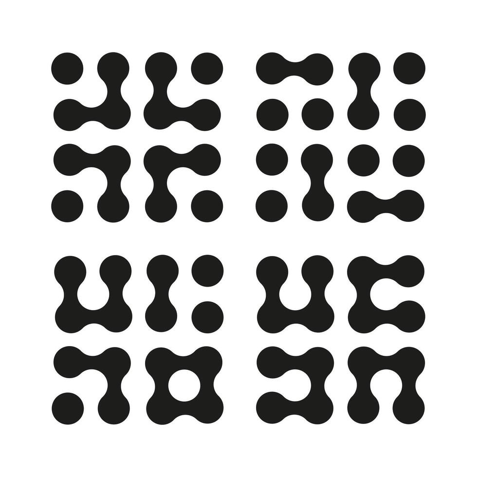 Set of Metaball icons. Connected dots symbols isolated on white background. Abstract circles flat patterns. Design minimalist elements, template. Graphic illustration. Logo trendy design. vector