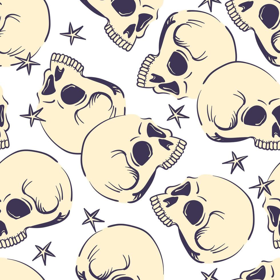 Seamless pattern with human cranium. stylized skulls isolated on white background. Background with human bone for Halloween decor or product design in mystical style. vector