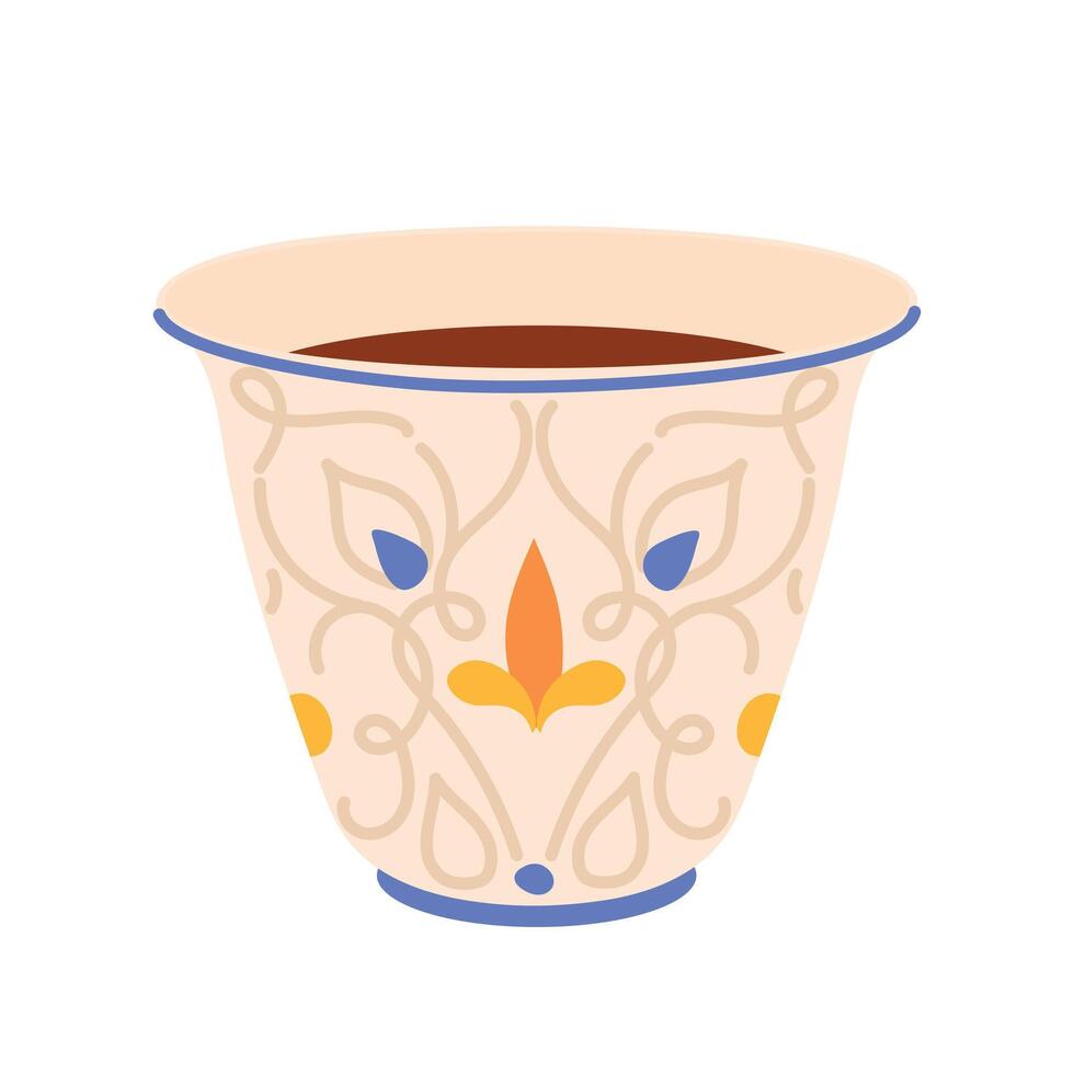 Ceramic Turkish cup with oriental ornament. Traditional glass for coffee in Arab countries. illustration in flat style. vector