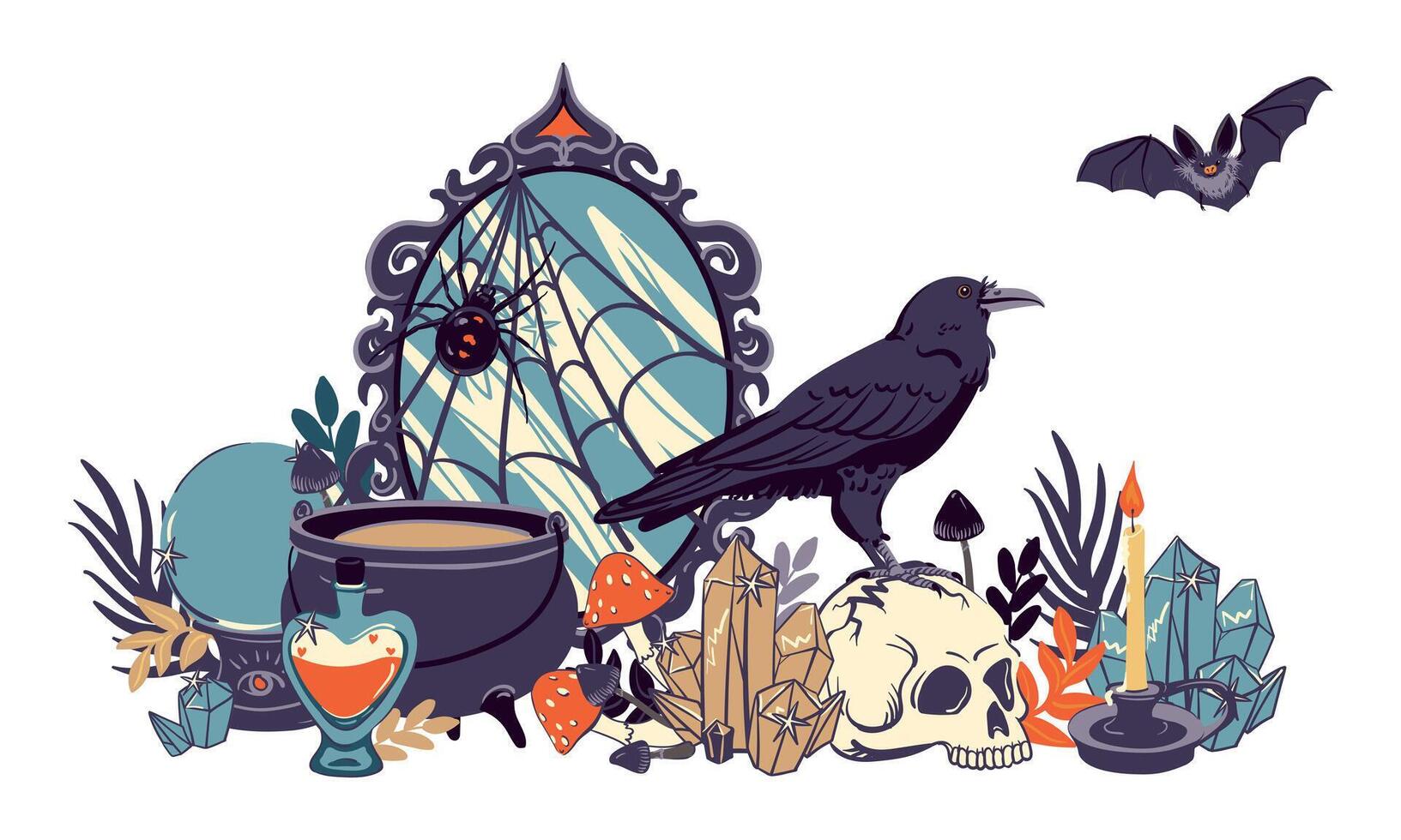 composition with witch objects. Witchcraft concept, astrological, esoteric. Sticker with mirror, cauldron, skull, potion, raven, crystal, bat, candle, fortune-telling ball for Halloween. vector