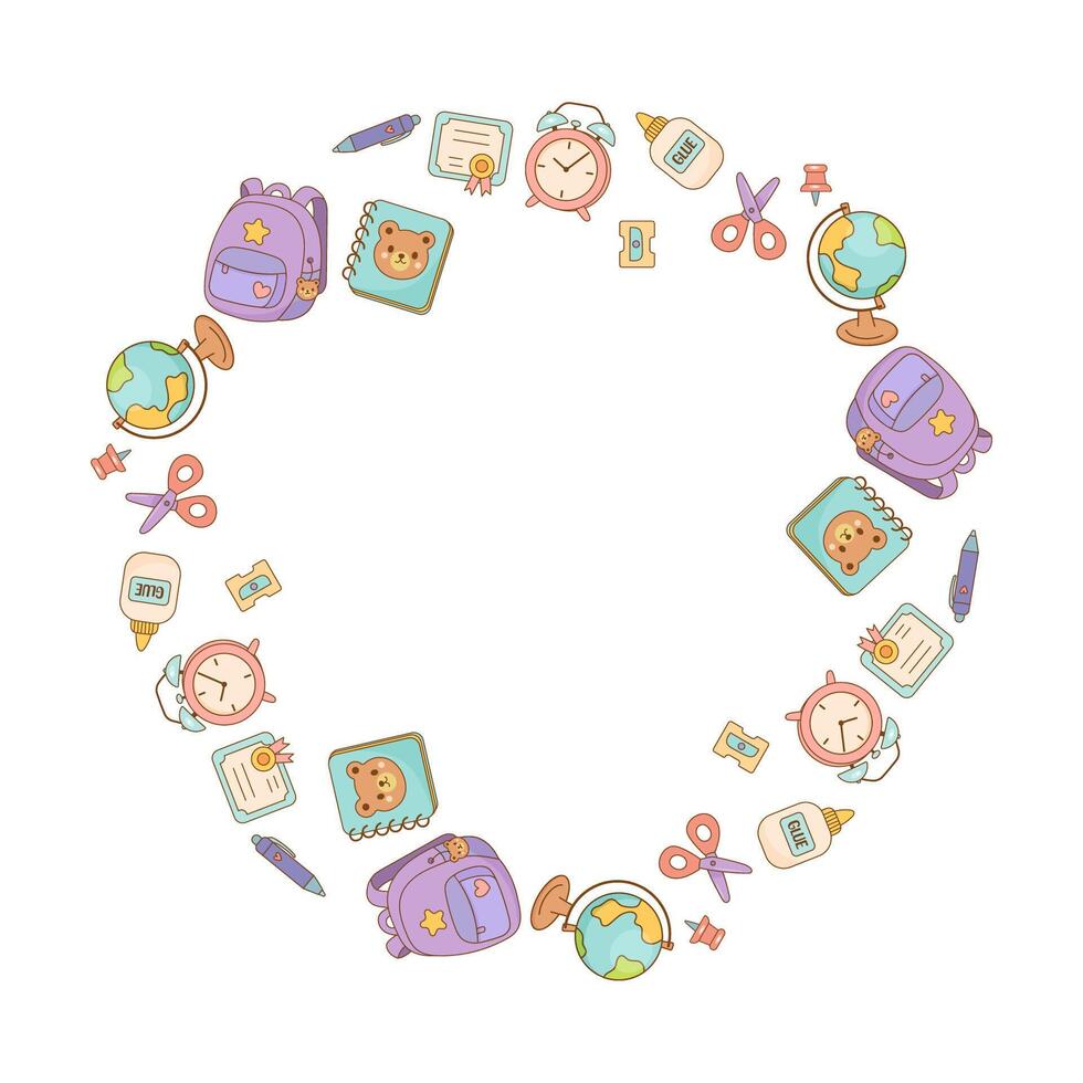 Round school frame with cute supplies and icons vector