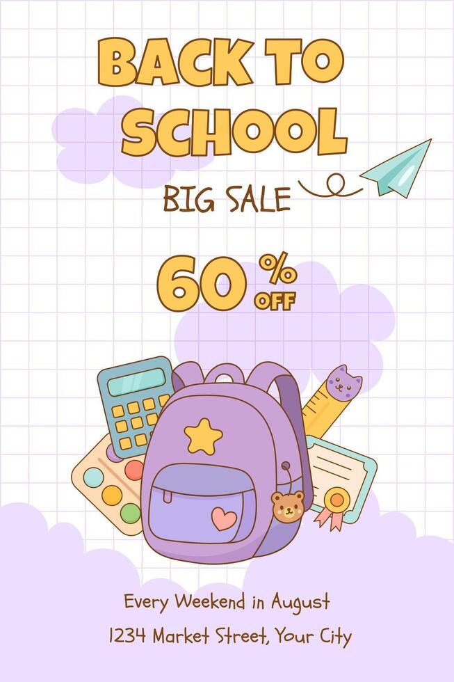 School sale flyer with backpack, calculator and supplies vector