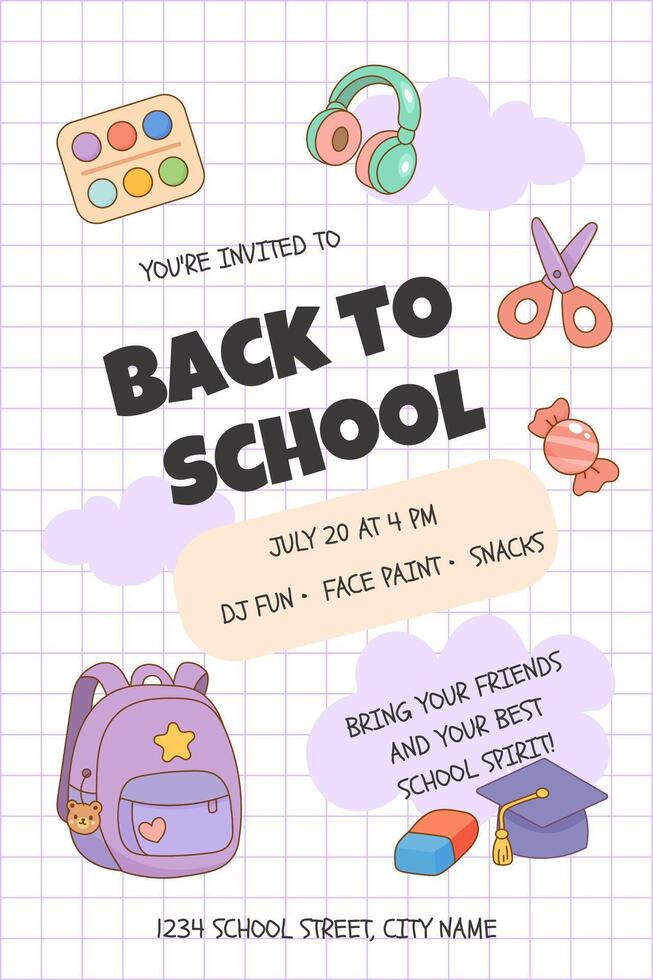 School party invitation with backpack and graduation cap vector