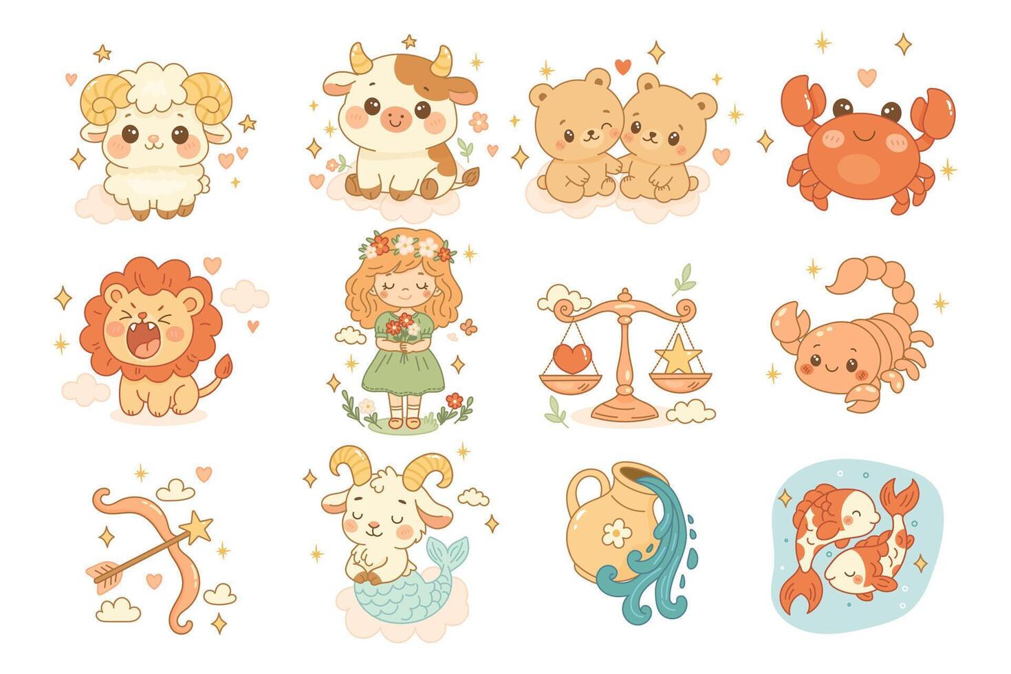 Cute zodiac animal characters in pastel colors vector