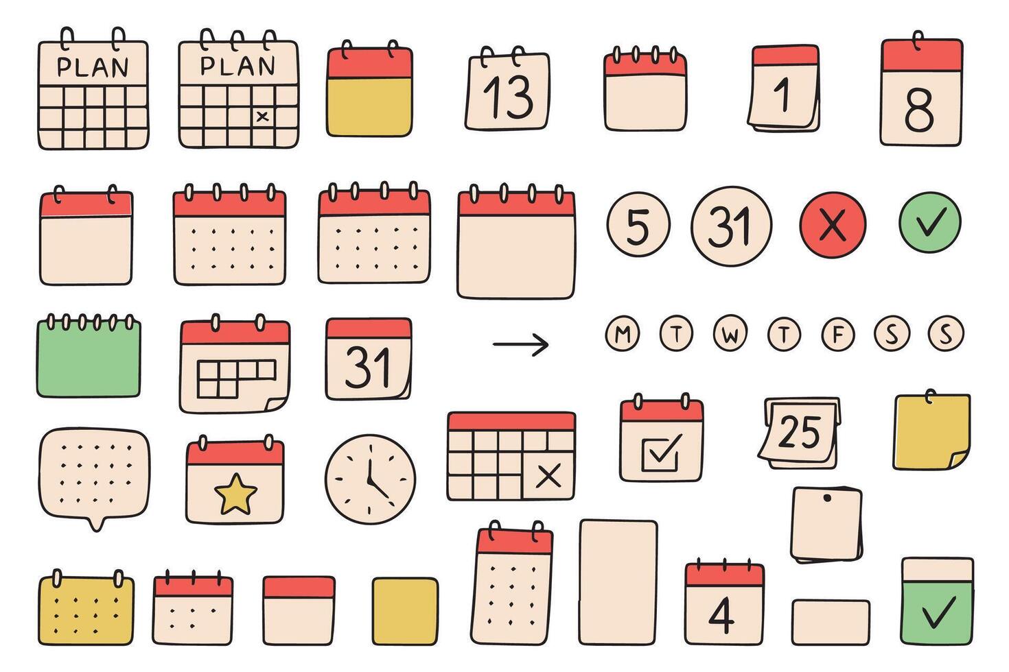 Doodle calendar symbol set. Calendar planner icon collection. Reminder organizer event signs. Calendar notification icon. Business plan schedule. vector