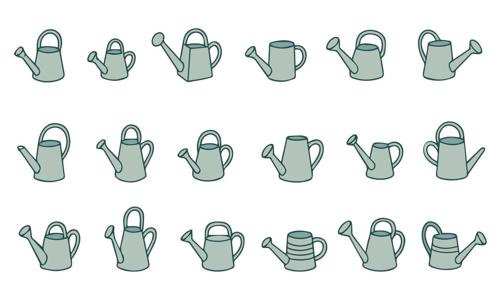 A large set of garden watering cans of different shapes, sizes, and doodle style designs. vector