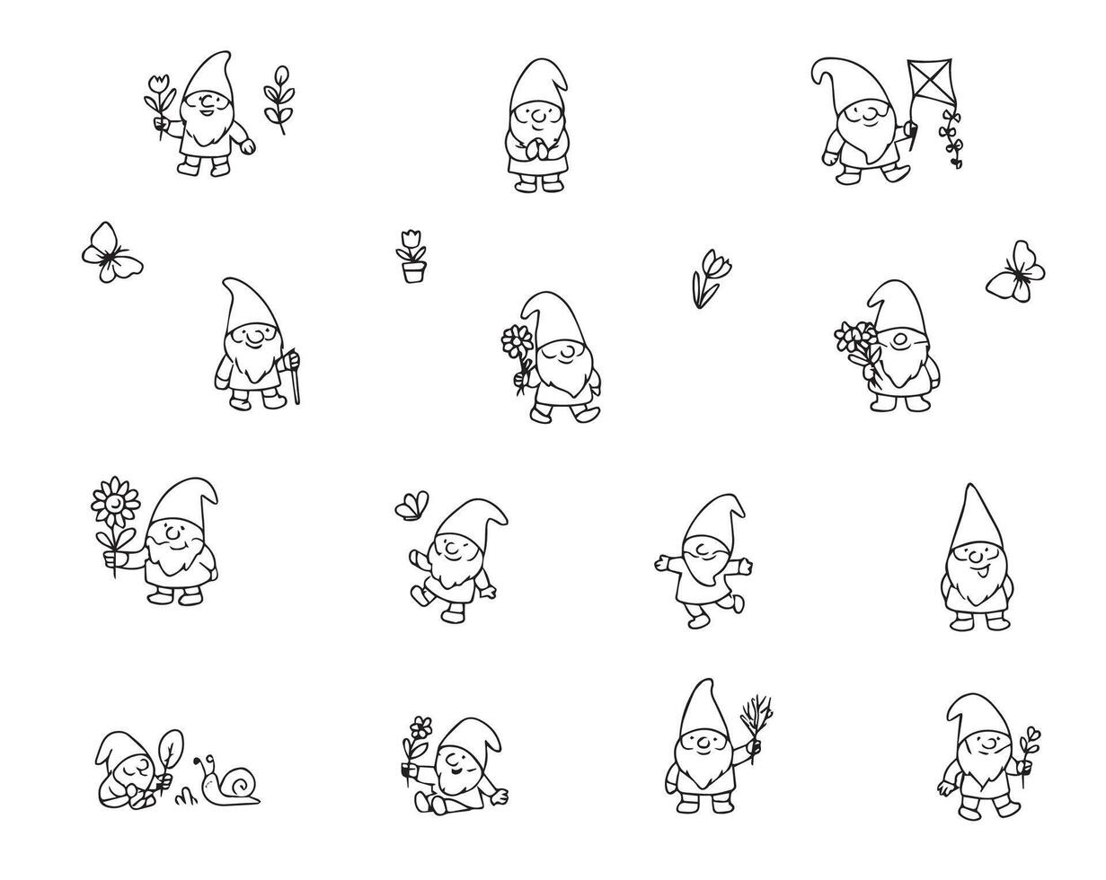 Cute gnomes, big clipart. Funny characters in doodle style. Hand drawn fairy gnomes in hats. illustration vector