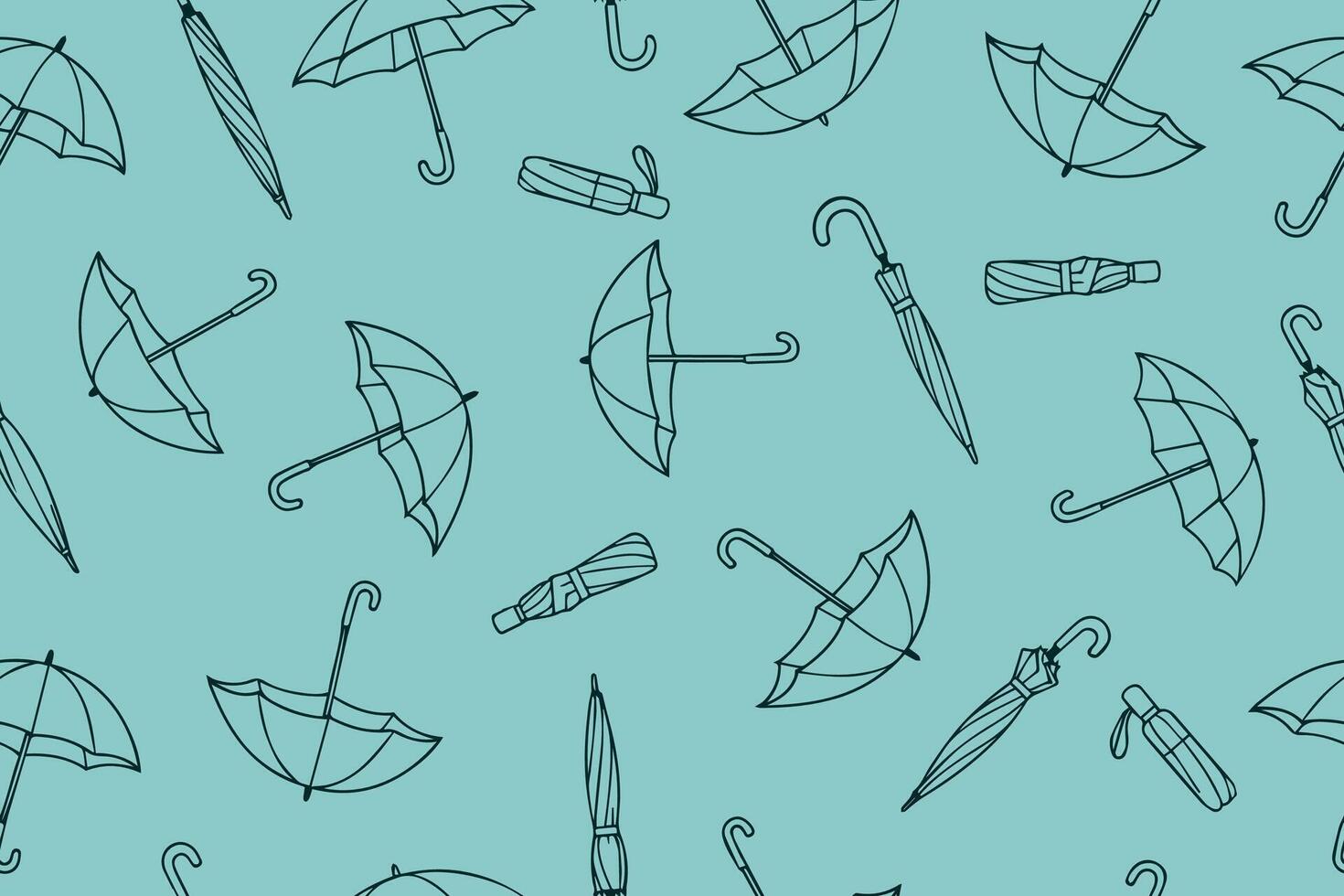 Seamless pattern with umbrellas in doodle style. Linear umbrellas open and closed. illustration on a blue background vector