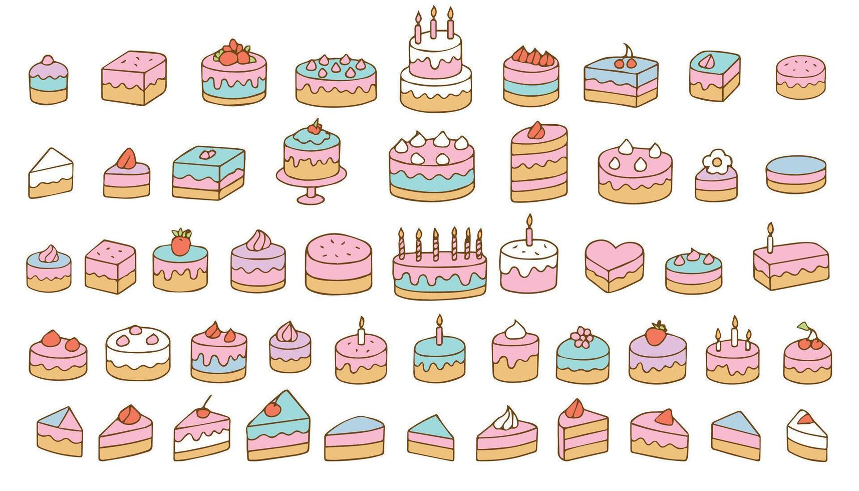 Set of colorful bright cakes, cupcakes. Doodle style. Colorful cakes for International Cake Day and birthday. illustration on white background. vector