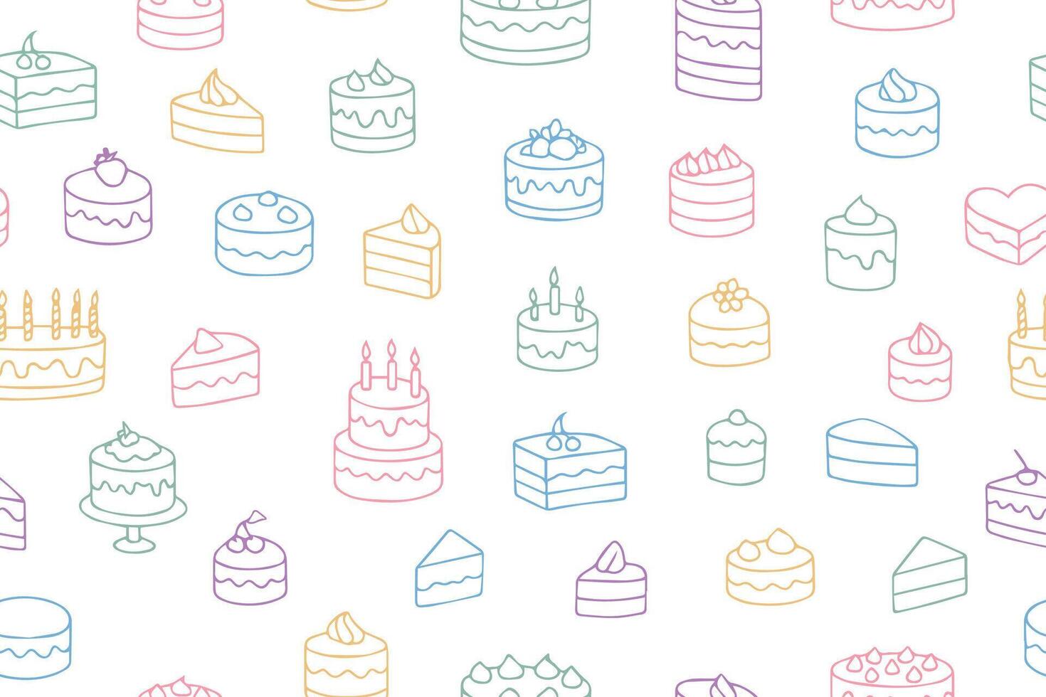 Seamless pattern of hand drawn cakes, cupcakes. Doodle style. vector