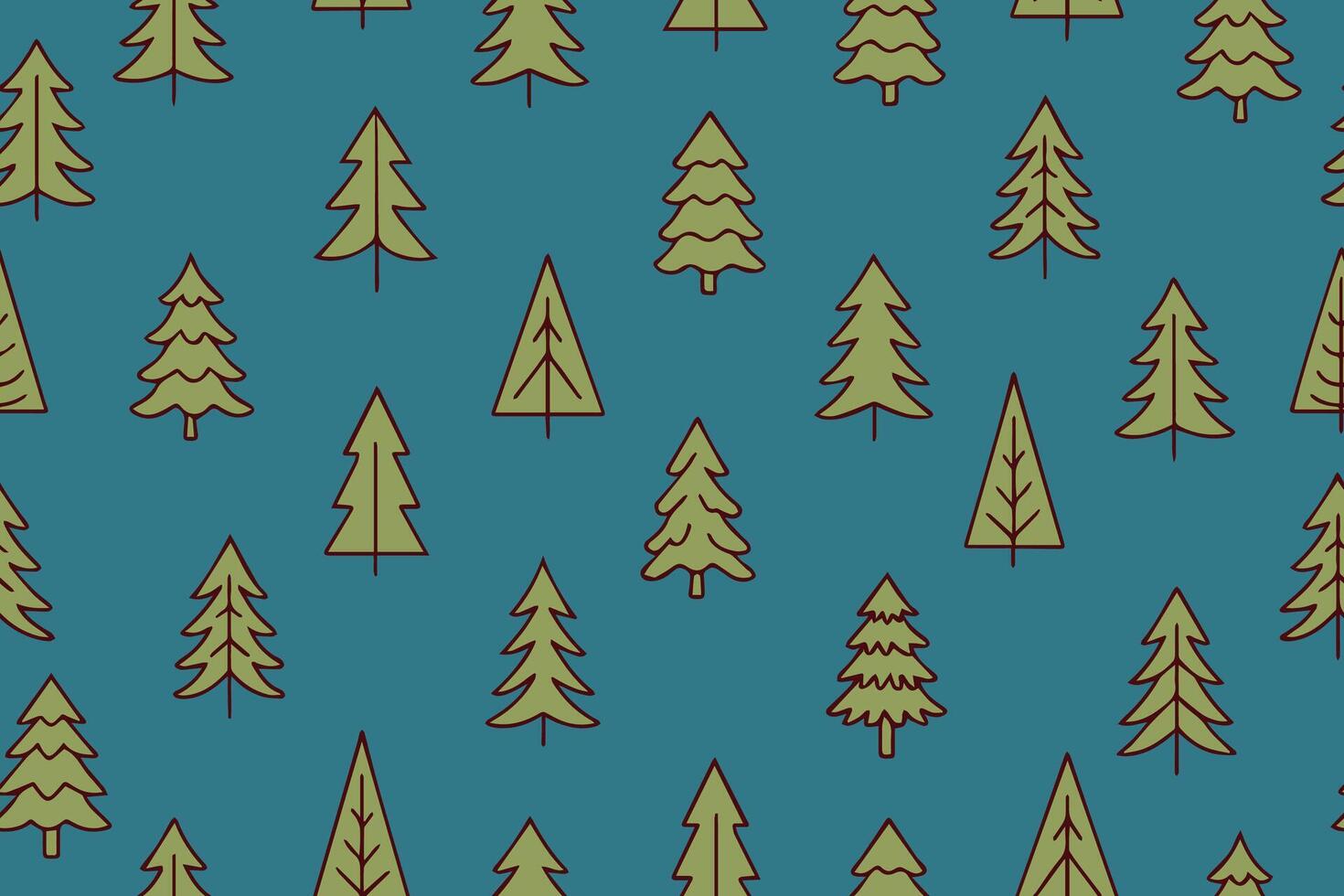 Christmas seamless pattern of green decorative Christmas trees in doodle style on blue background. Simple seamless background with New Year vector