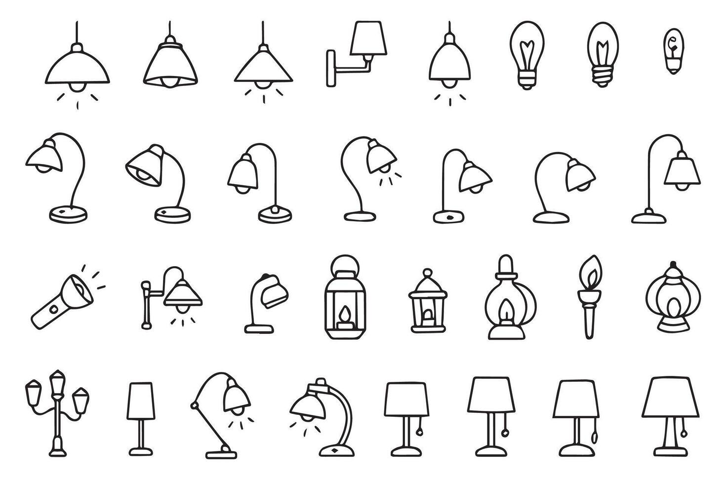 Doodle Set of lamps. Hand drawn icons of light bulbs. Pendant lamps, table lamps, lanterns, Lamps with lampshades for indoor lighting. illustration vector