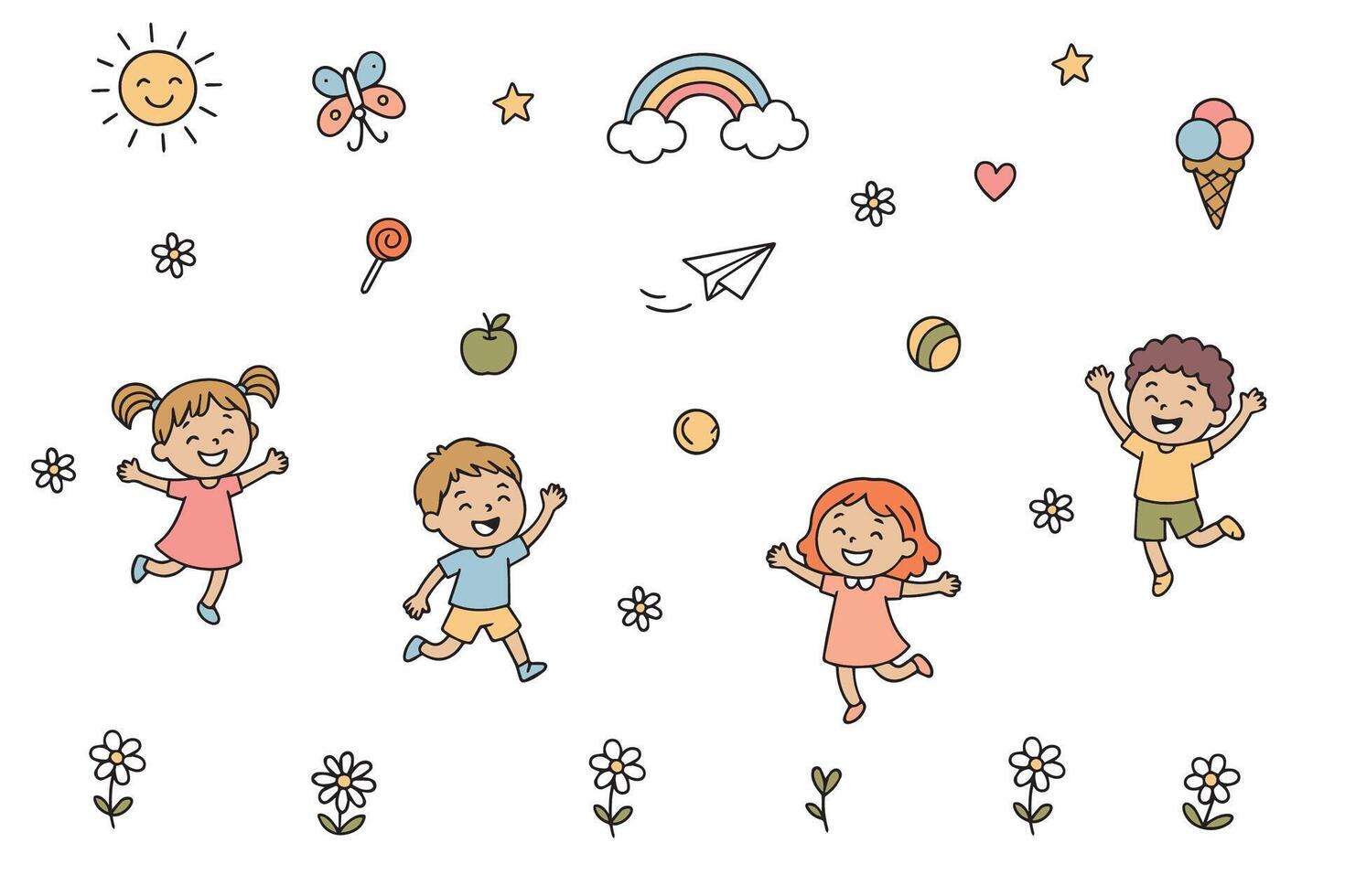 Happy cheerful jumping children. illustration in doodle style. vector