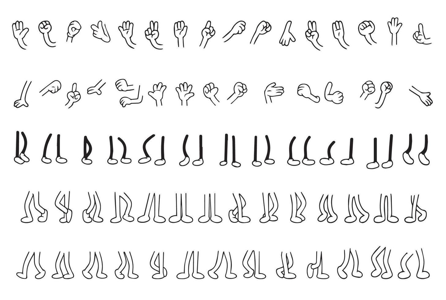 set of feet in shoes and hand gestures in doodle style. Legs and hands poses. illustration. illustration vector