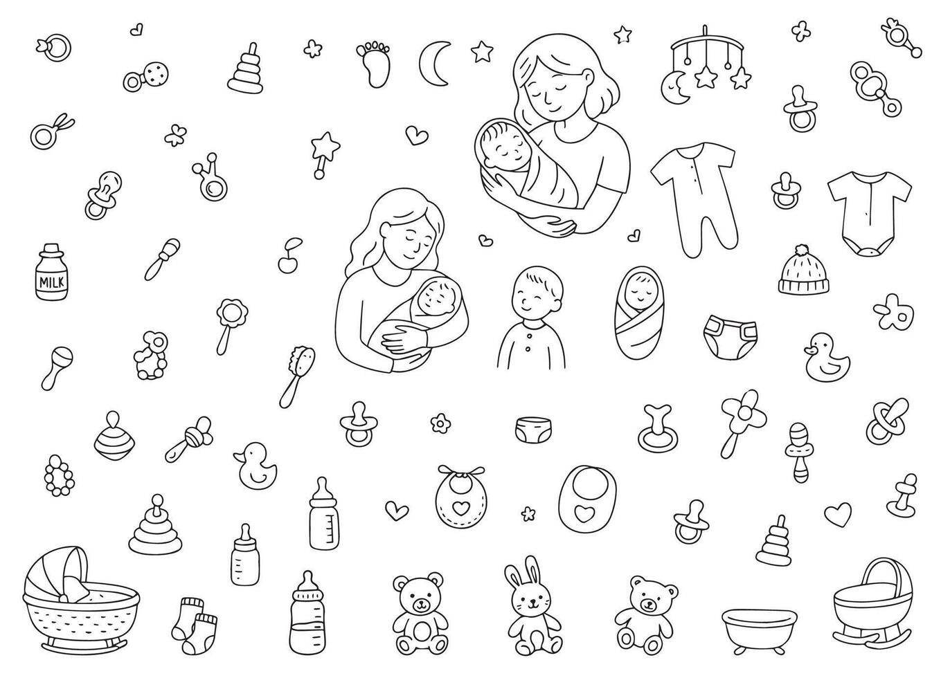 Hand drawn set on the theme of a newborn. Child care, feeding, clothes, toys, accessories in doodle style. drawings on a white background. vector