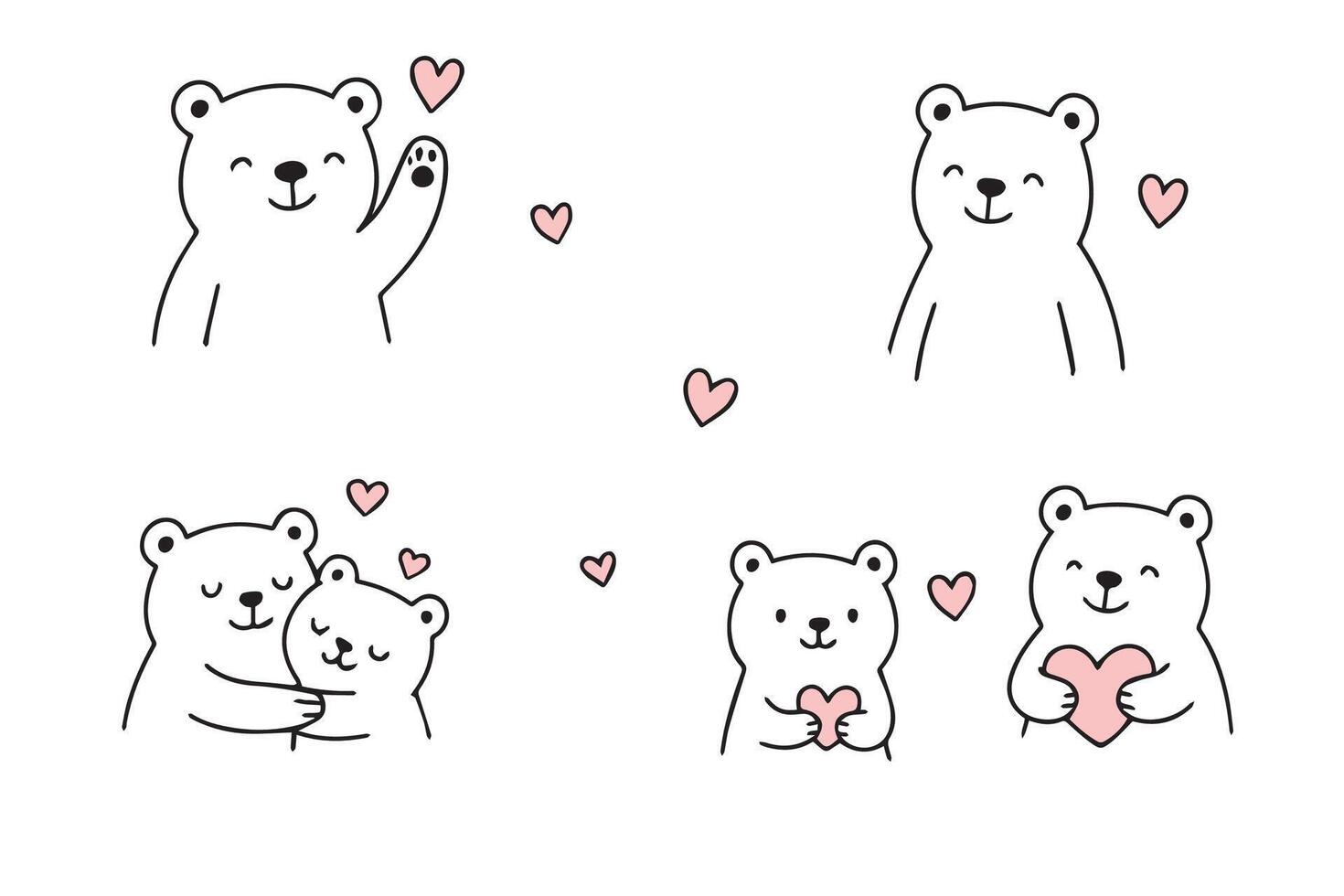 Valentine's Day set of cute teddy bears with hearts in doodle style. Collection of romantic design elements. vector