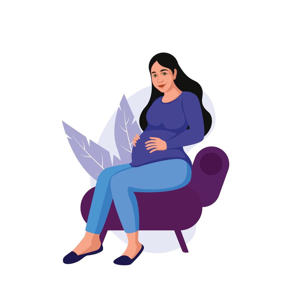 Young pregnant woman in overalls hugging belly with hands vector