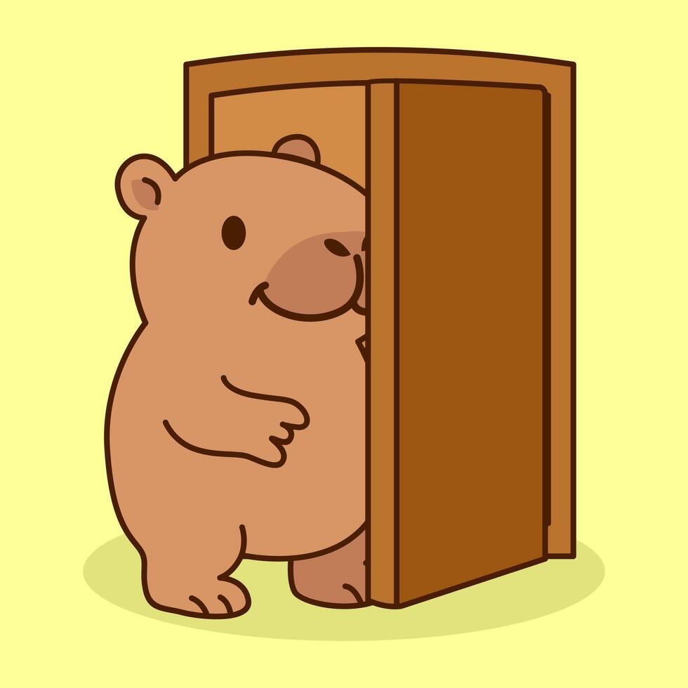 Cute capybara peeking from behind a brown door vector