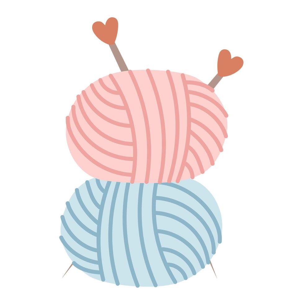 Soft oval yarn in two colors on top of each other with hearts inside for knitting. An isolated item for handicrafts. cozy atmosphere. flat color illustration. designing websites knitting, handicrafts vector