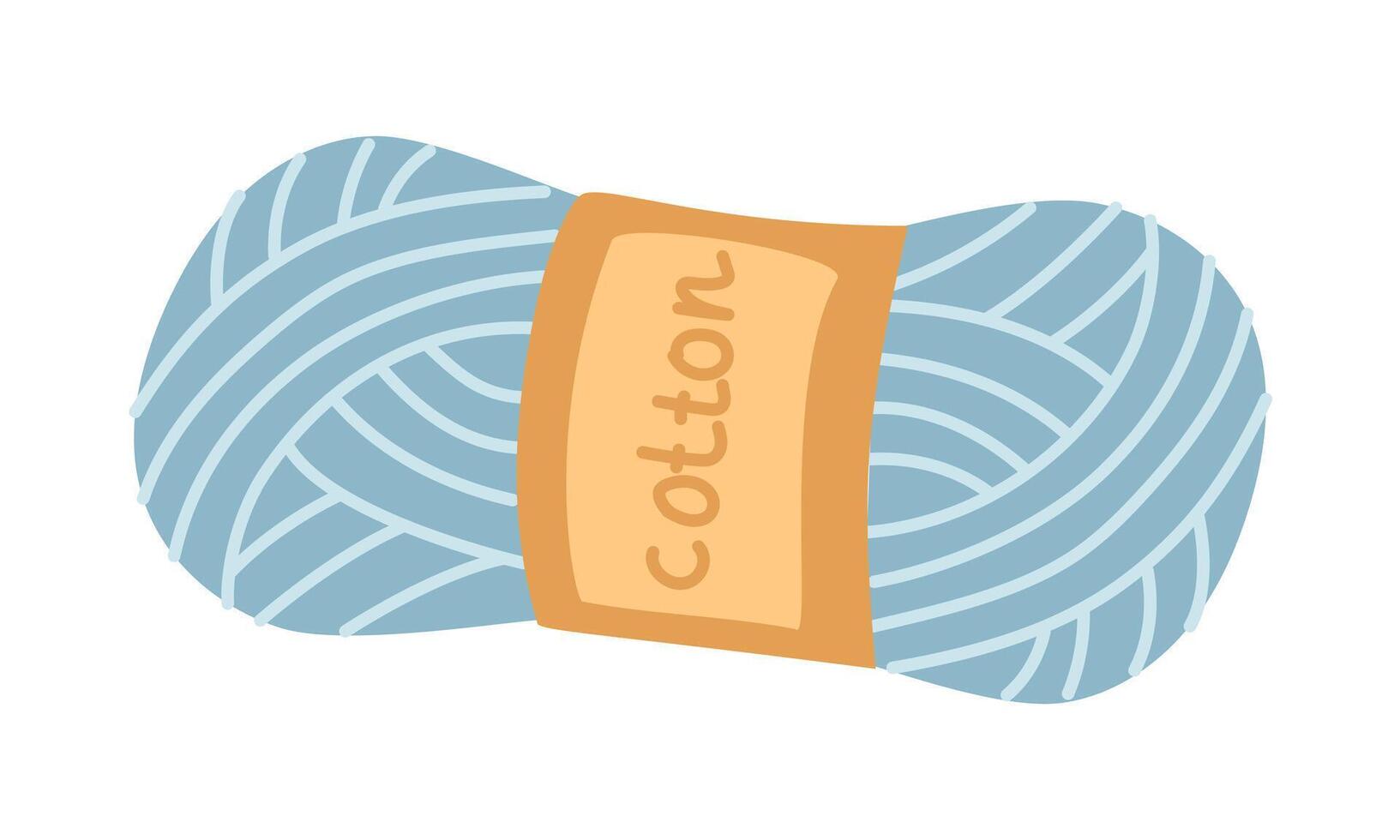 Womb elongated colored cotton threads, yarn for knitting with a label. Flat colored illustration. Cozy atmosphere. for packaging, sewing stores, handicraft blogs, creative goods, and handicrafts vector