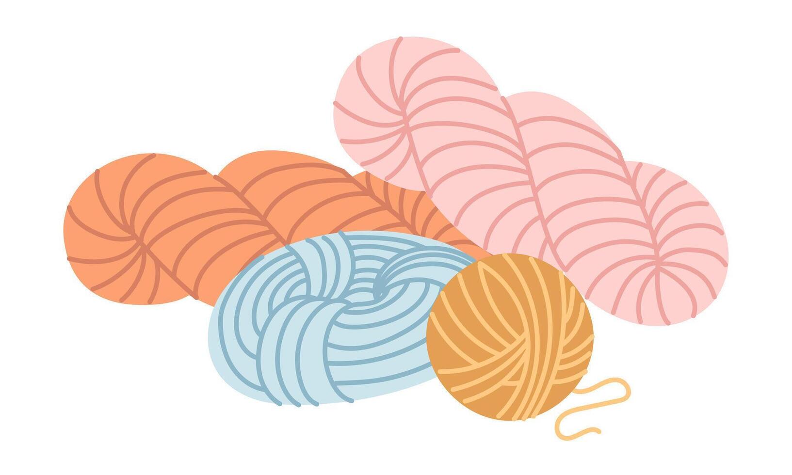 variety of colorful knitting yarns. Round, elongated, and twisted. An isolated group of handcrafted. cozy atmosphere. flat color illustration. For designing websites about knitting, handicrafts, hobby vector