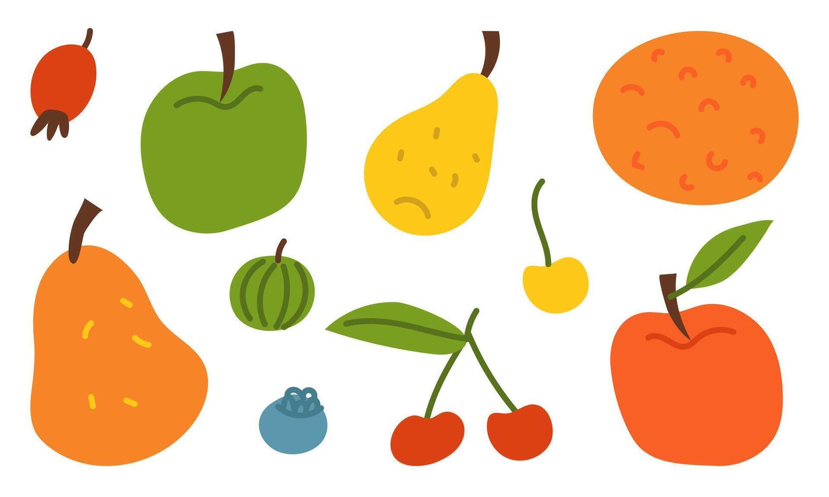 set of fruits, vegetables, and berries for a healthy diet. Apple, pear, orange, cherry, sweet cherry, blueberry, and others. Flat color illustration. For posters, blogs, fitness, summer lifestyle. vector