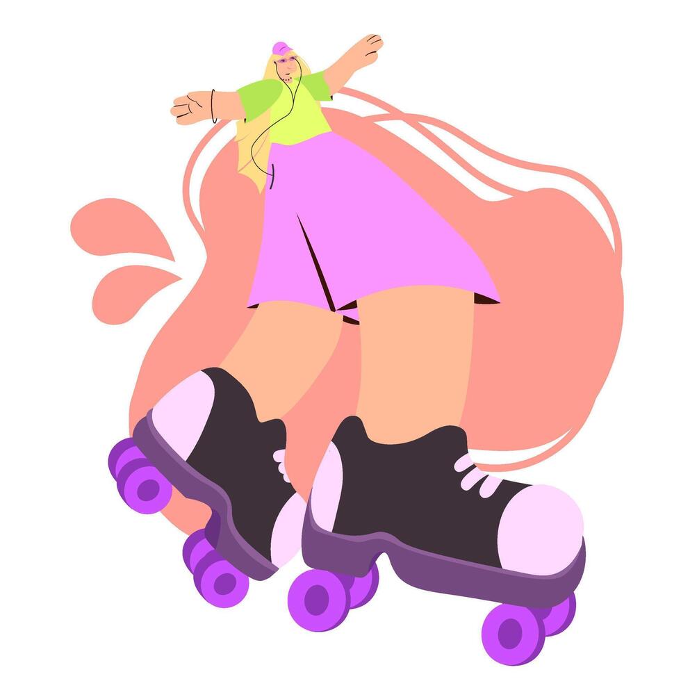 Skating girl in wide stance wearing green and purple outfit with large roller skates vector