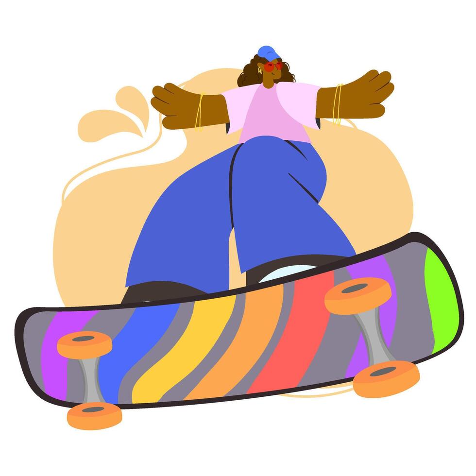 Flat design character seen from below riding skateboard with bright pants and rainbow colored deck vector