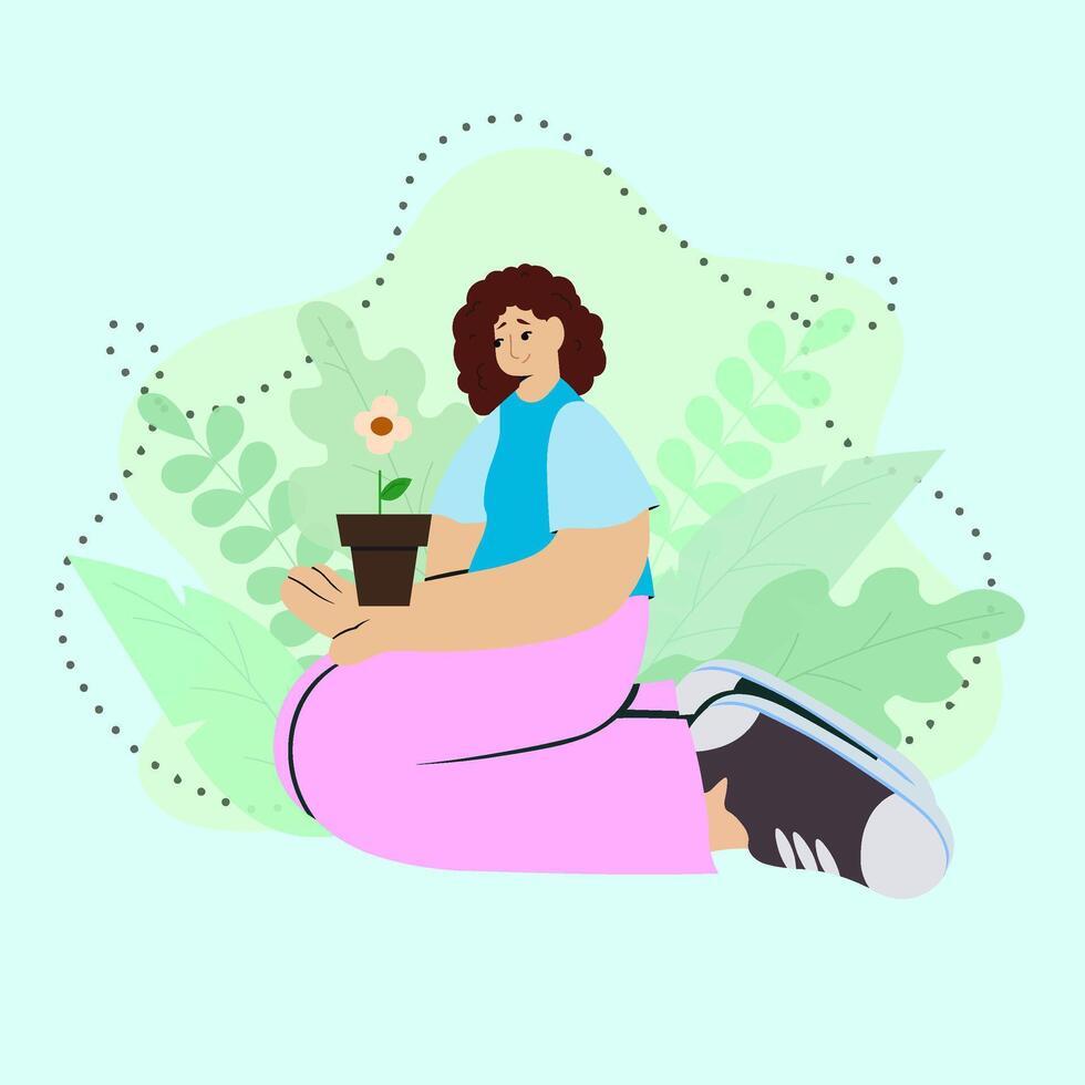 Flat illustration of a woman with curly hair kneeling with a potted flower. Surrounded by abstract green leaves and soft shapes. Pastel tones and modern cartoon style. vector