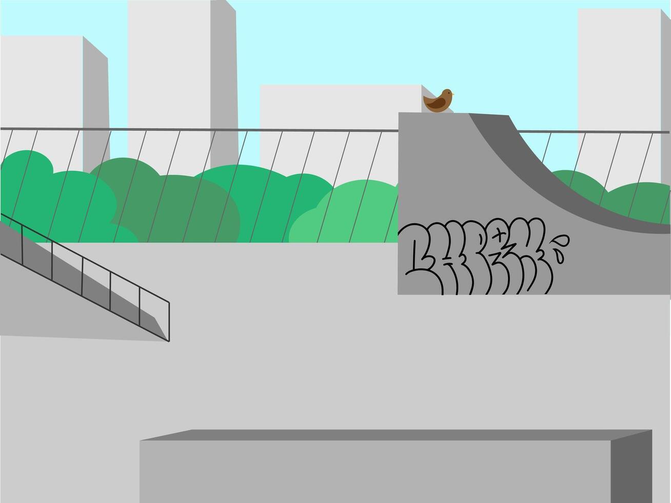 Urban skatepark with graffiti ramp city buildings trees and metal fence in flat minimal style outdoor scene vector