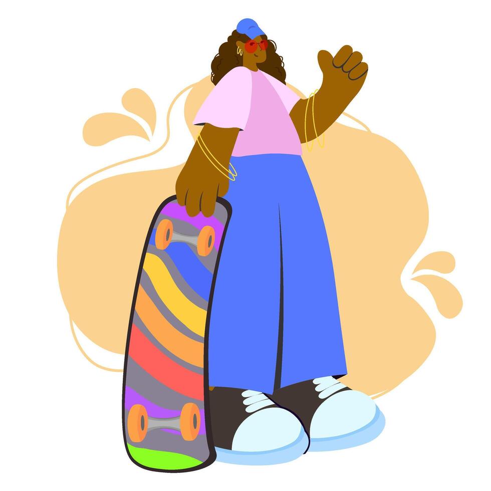 Stylized person standing casually with skateboard wearing blue pants and pink shirt in flat illustration style vector