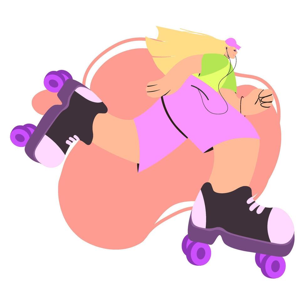 Girl roller skating with one leg lifted in relaxed motion wearing purple shorts and green top in flat colorful style vector