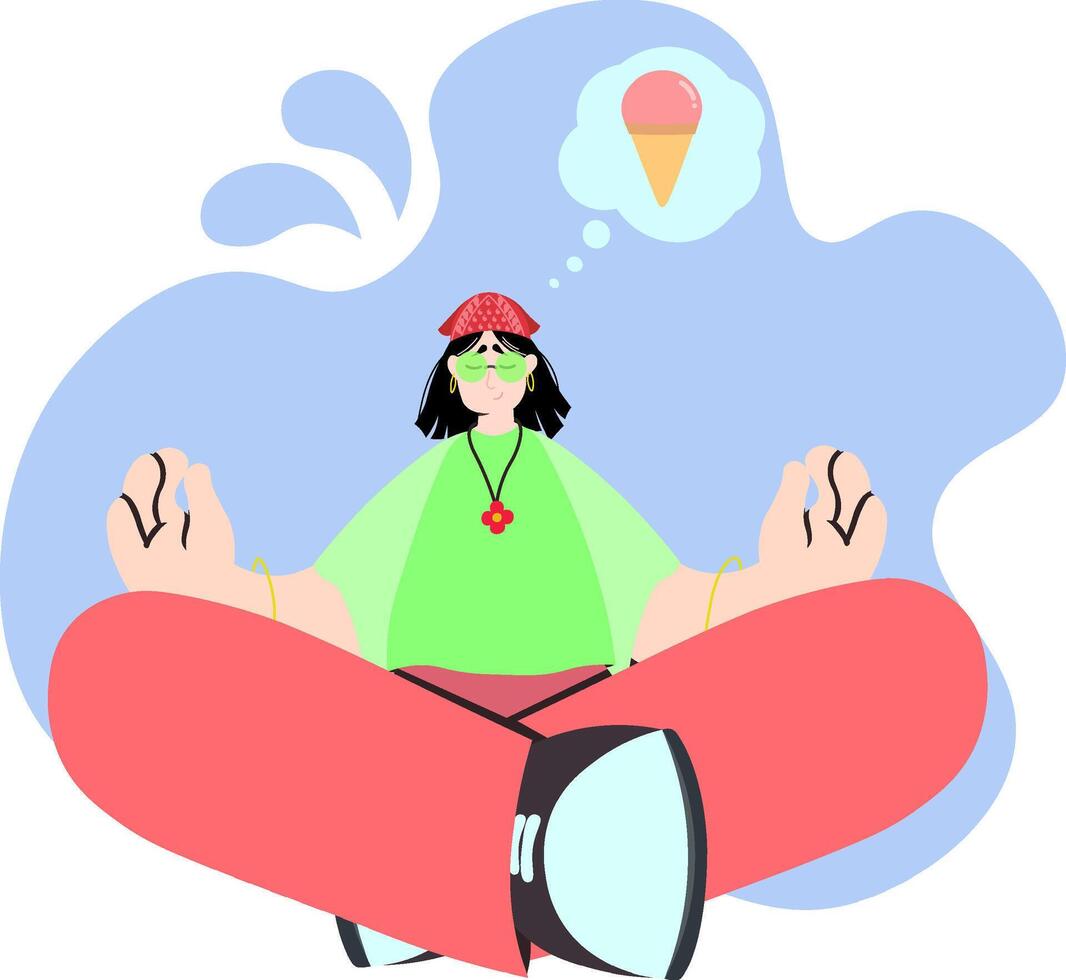 Flat of a girl meditating in lotus pose with a flower necklace and red pants. Ice cream in a thought bubble over abstract blue background. vector