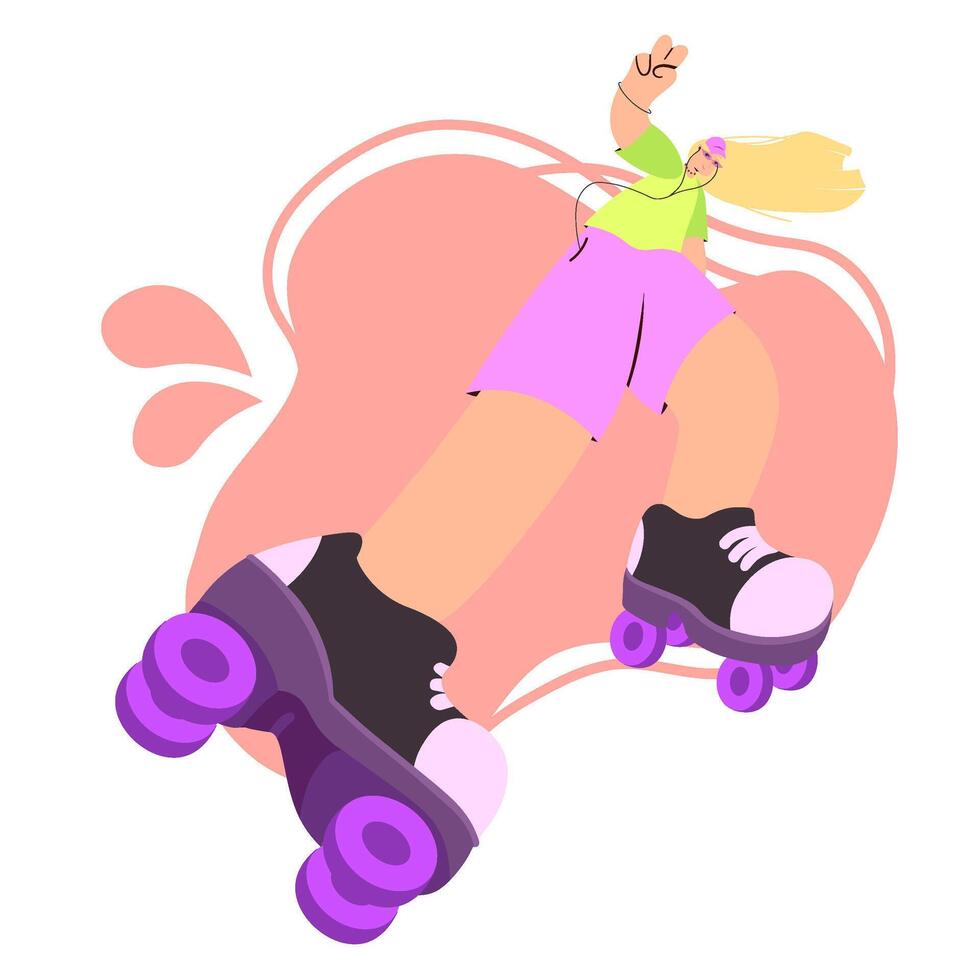 Girl roller skating forward showing peace sign with one hand wearing green top purple shorts in flat cartoon style vector