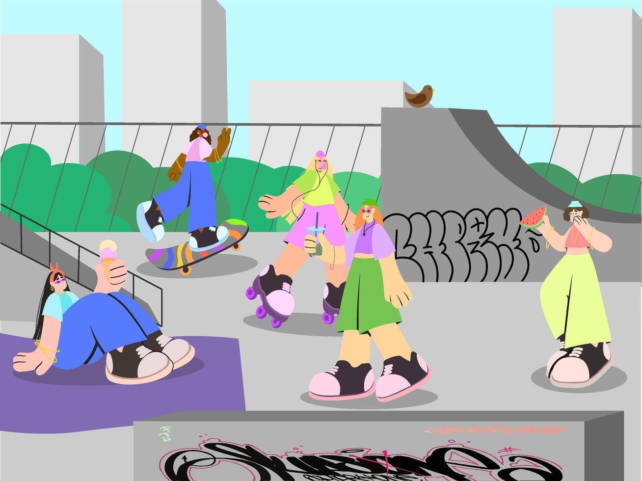 Skate park scene with friends enjoying skating vector