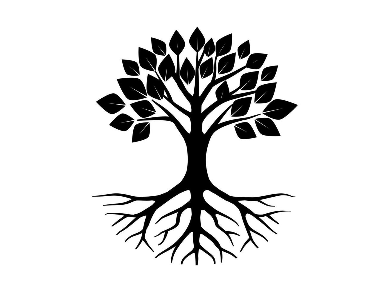 Tree of life is black silhouette logo, showcasing a full canopy of leaves atop a sturdy trunk with roots. vector