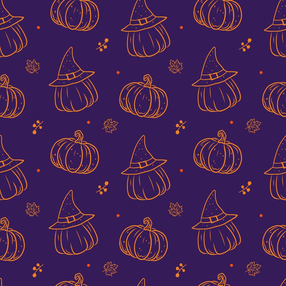 Halloween pumpkin pattern with witch hats in hand-drawn style. perfect for Halloween themes vector